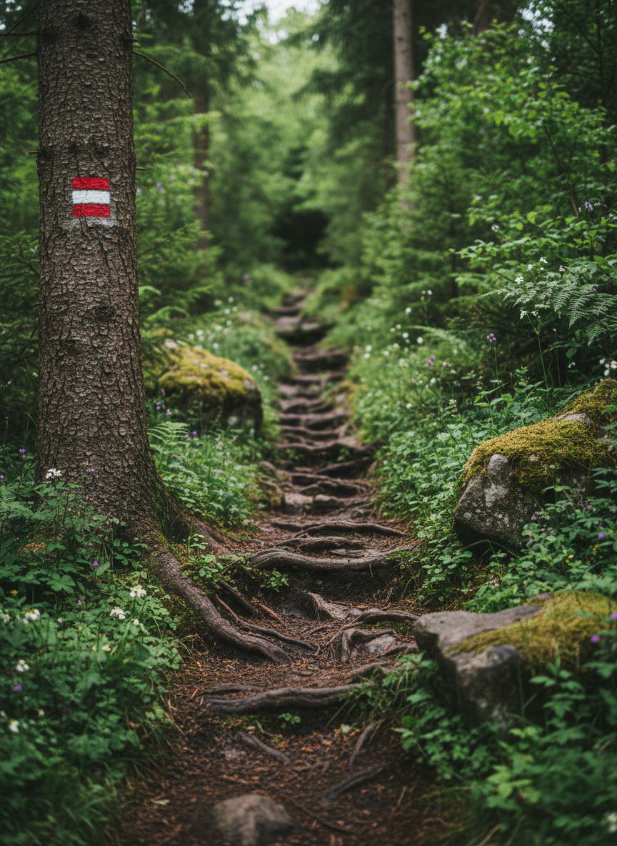 A narrow hiking trail winding through a dense Central European forest, the path lined with moss‑covered rocks and roots weaving through damp, dark soil. On a tree trunk near the foreground, a freshly painted red‑white hiking mark stands out clearly against rough, textured bark. Ferns, wildflowers, and low shrubs create layered greenery on both sides of the trail, fading into a soft bokeh background. Overcast, diffused light filters through the canopy, eliminating harsh shadows and emphasizing rich greens and earthy browns. Captured at eye level with a leading‑lines composition that draws the gaze along the path. Photographic realism, tranquil and contemplative mood, ideal for illustrating detailed tour reports and trail descriptions.