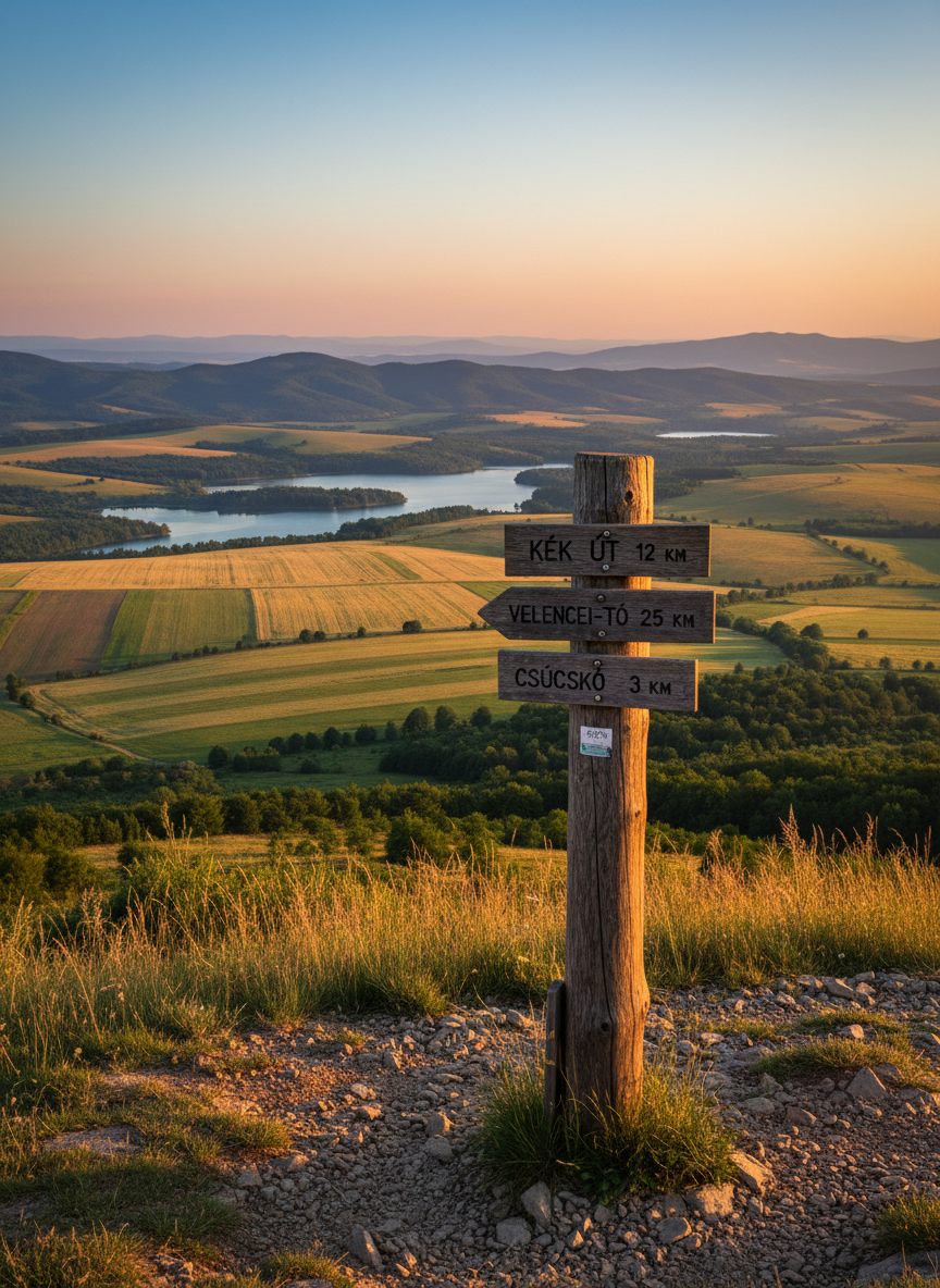 A panoramic view from a mountain lookout in the Hungarian countryside, with layered hills, distant lakes, and patchwork fields stretching to the horizon. In the immediate foreground, a sturdy wooden signpost stands, its engraved trail names and distances sharply legible in Hungarian, the wood grain and tiny cracks clearly visible. Low golden‑hour sunlight grazes the landscape, enhancing the textures of rocks, grass tufts, and the sign’s carved letters, while long, soft shadows add depth. The sky glows with warm hues transitioning to a cool blue higher up. Photographic realism, wide‑angle composition with sharp focus throughout, harmonious and uplifting mood, ideal as a hero image for professional hiking news and tour summaries.