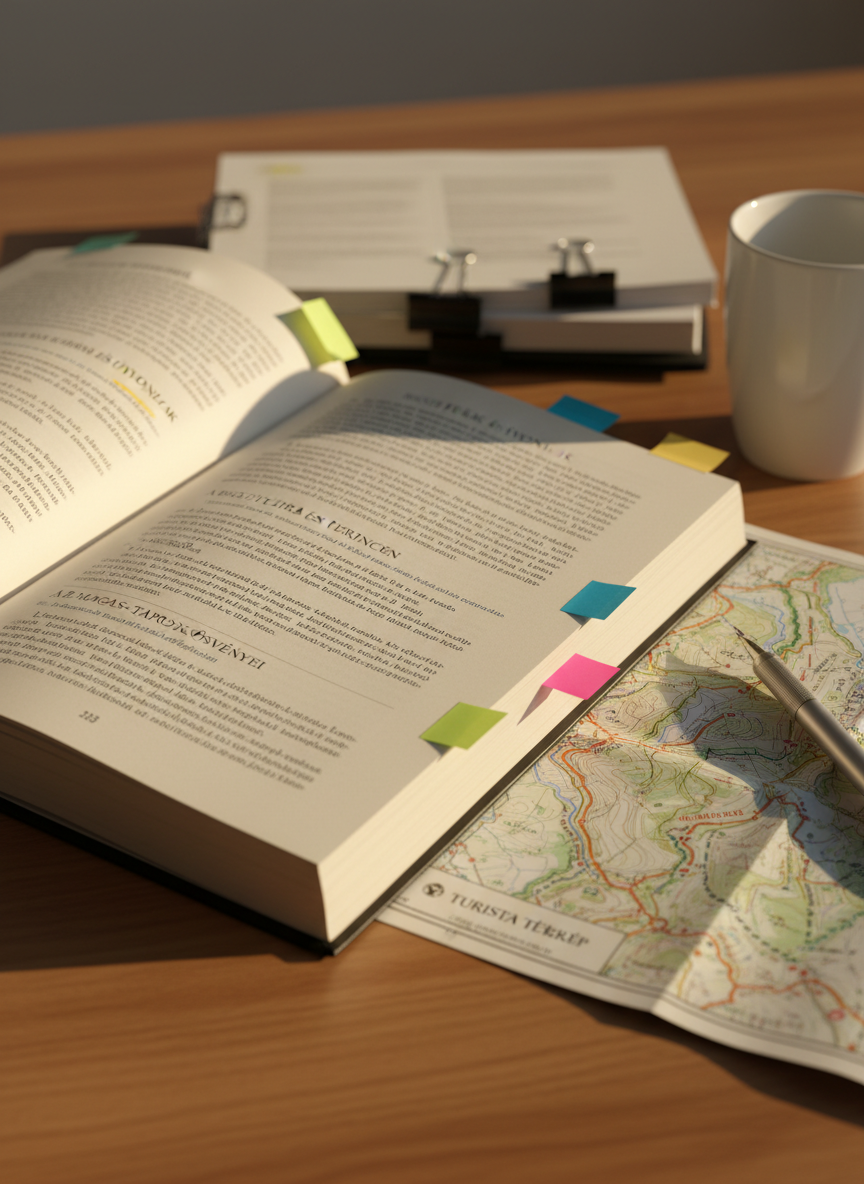 An open hardcover book manuscript resting on a wooden desk, pages filled with neatly formatted Hungarian text about mountain tours, with several colored sticky notes marking important sections. Beside it lies a folded detailed trail map and a fine‑tipped mechanical pencil, its metallic barrel catching the light. In the background, there is a stack of other draft chapters with paper clips and a simple ceramic mug, softly blurred. Warm late‑afternoon light from the side creates gentle shadows along the page edges and underlines, suggesting focused work. Shot from a slightly elevated angle with a shallow depth of field. Photographic realism, clean and professional atmosphere, perfect for conveying the process of writing a hiking‑themed book.