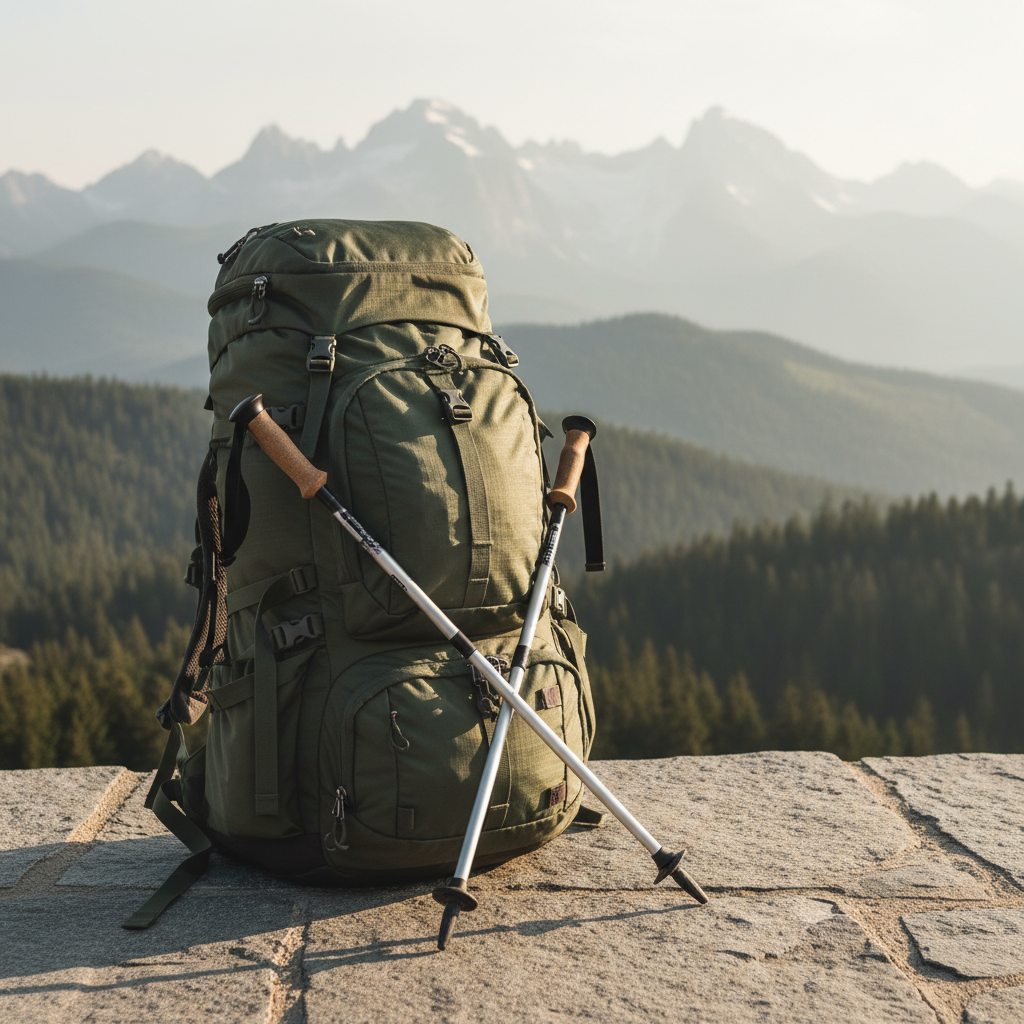 A robust dark‑green hiking backpack standing upright on a smooth stone surface at a scenic viewpoint, its multiple pockets neatly closed, with trekking poles crossed and leaning against it. Beyond the backpack, rolling forested hills and a distant mountain ridge stretch into a slightly misty horizon. The sky is bright but soft, with diffused afternoon light casting mild shadows and bringing out the textures of the backpack’s durable fabric and metal zippers. Photographic realism from a slightly low angle, using the rule of thirds so the backpack anchors the foreground while the vast landscape creates depth. The mood is inspiring and adventurous, yet orderly and professional, suggesting well‑organized tours.